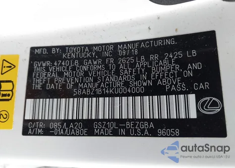 2019 Lexus Es 350 from USA, damaged, VIN 58ABZ1B14KU004000